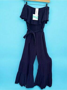 Umgee Navy Strapless Wide-Leg Jumpsuit with Self-Tie Belt Size Small Boho Summer